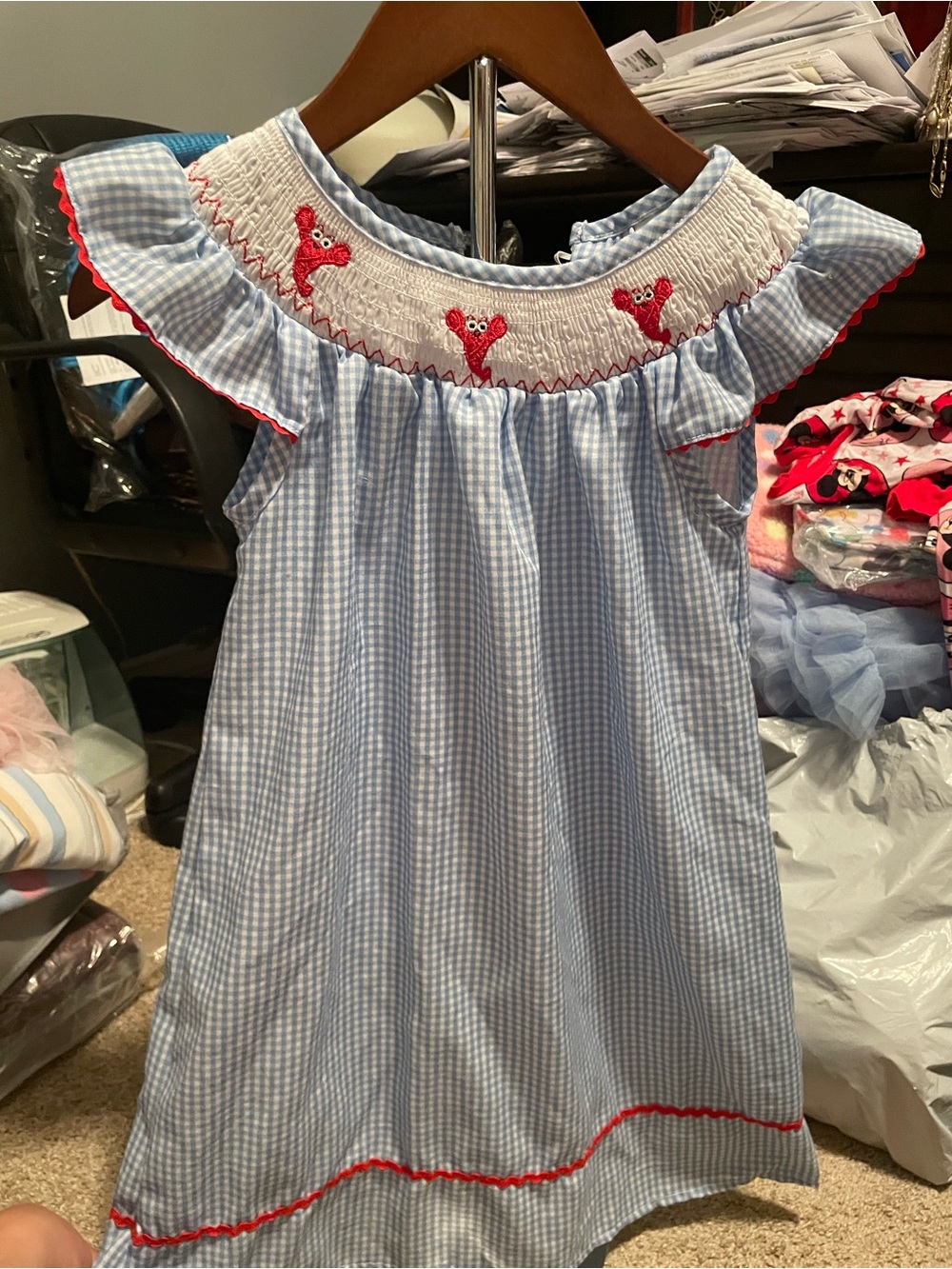Girls' Light Blue Gingham Dress with Red Crab Smocking